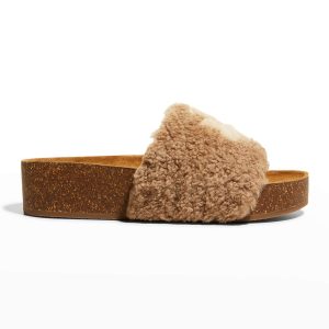 TORY BURCH Double T Logo Shearling Slide Sandals