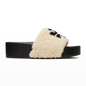 TORY BURCH Double T Logo Shearling Slide Sandals