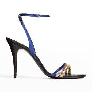 SAINT LAURENT Manhattan Metallic Snake-Print Stiletto Sandals